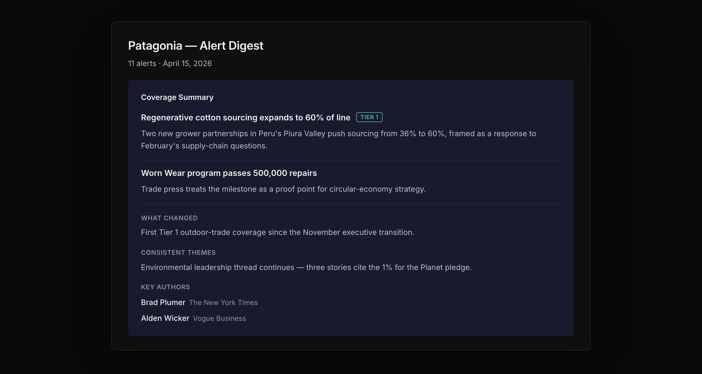 Alerts Plus daily digest email rendered in dark mode