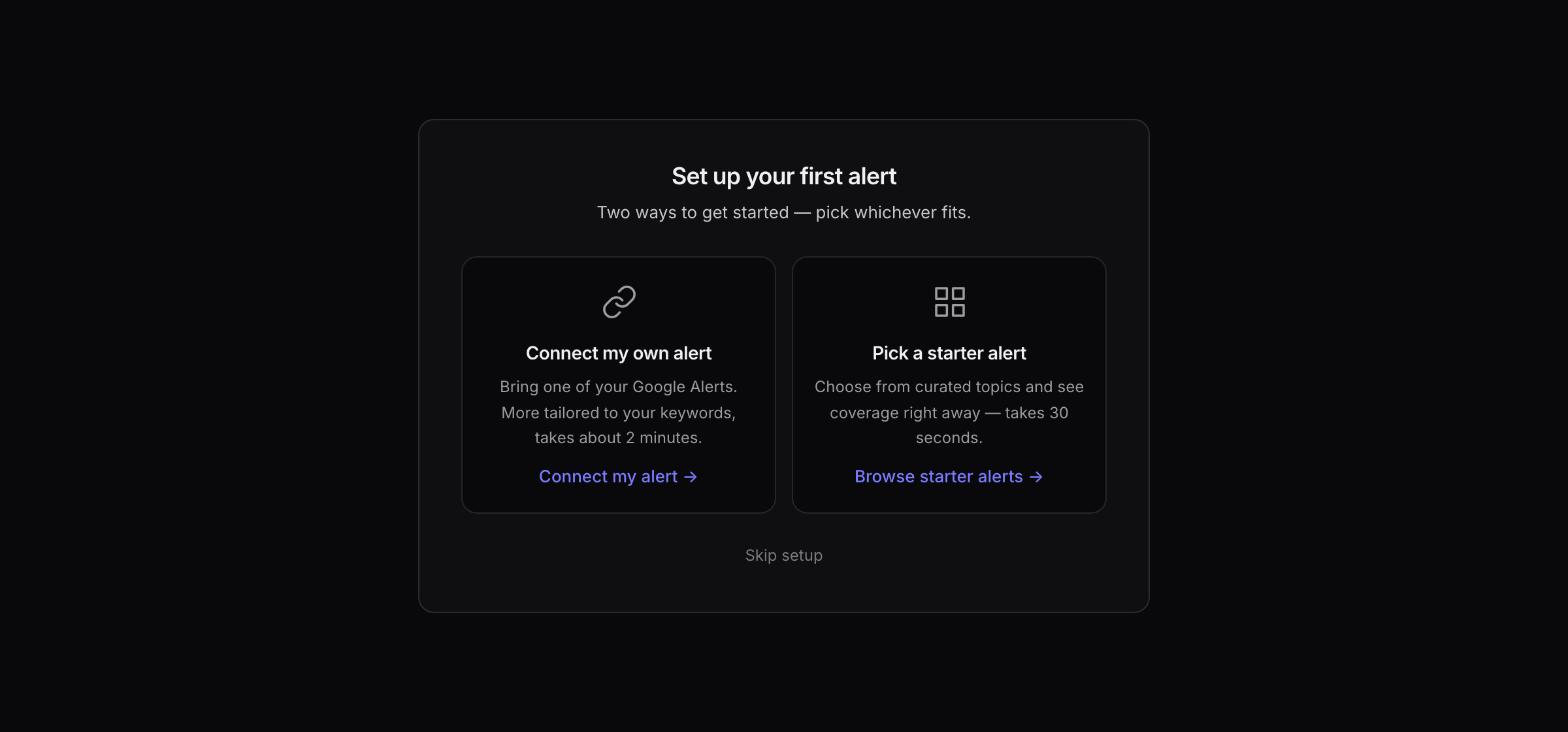 Connecting a Google Alerts feed or picking from the alert catalog in Alerts Plus