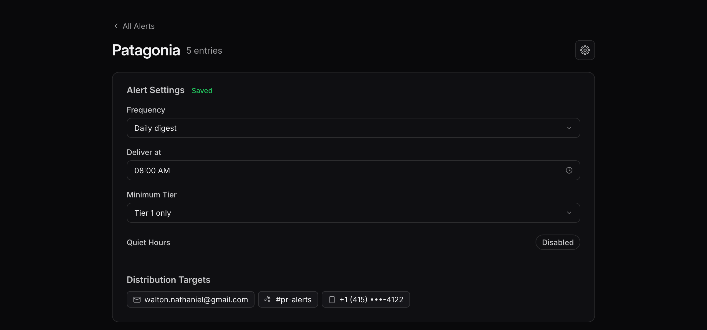 Alert settings panel showing frequency, minimum tier, and quiet hours